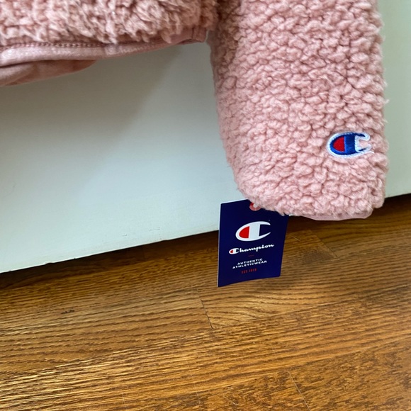 Champion Women's Cozy High Pile Quarter Zip Embroidered Logo Pink Beige - Picture 4 of 6